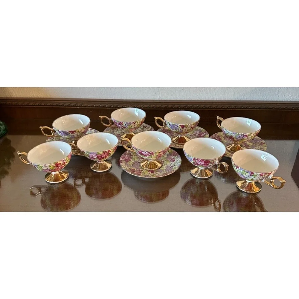 Set of 9 Vintage Fancy China Teacups & Saucers Flower Floral Pattern‎